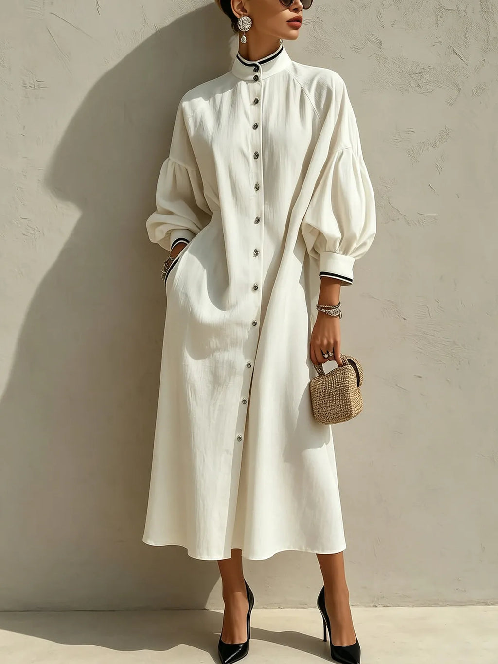 Ivory Contrast-Trim Lantern Sleeve Button-Front Midi Dress