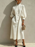 Ivory Contrast-Trim Lantern Sleeve Button-Front Midi Dress