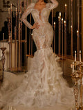 Square-Neck See-Through Feathers Shiny Wedding Mermaid Maxi Dress