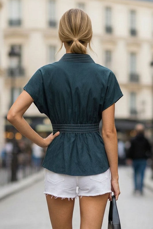 WAIST STITCH DETAIL ELASTIC BACK BLOUSE