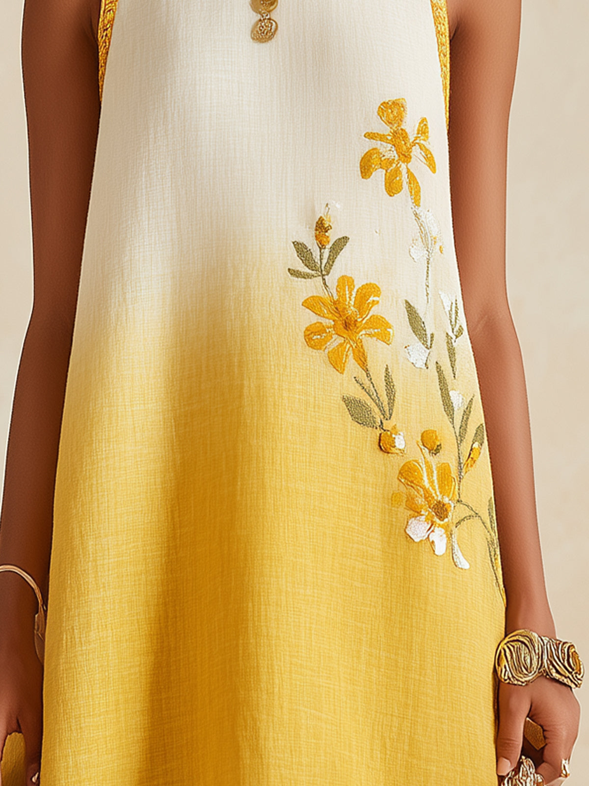 Yellow Ombre Sleeveless Mini Dress With Floral Embroidery