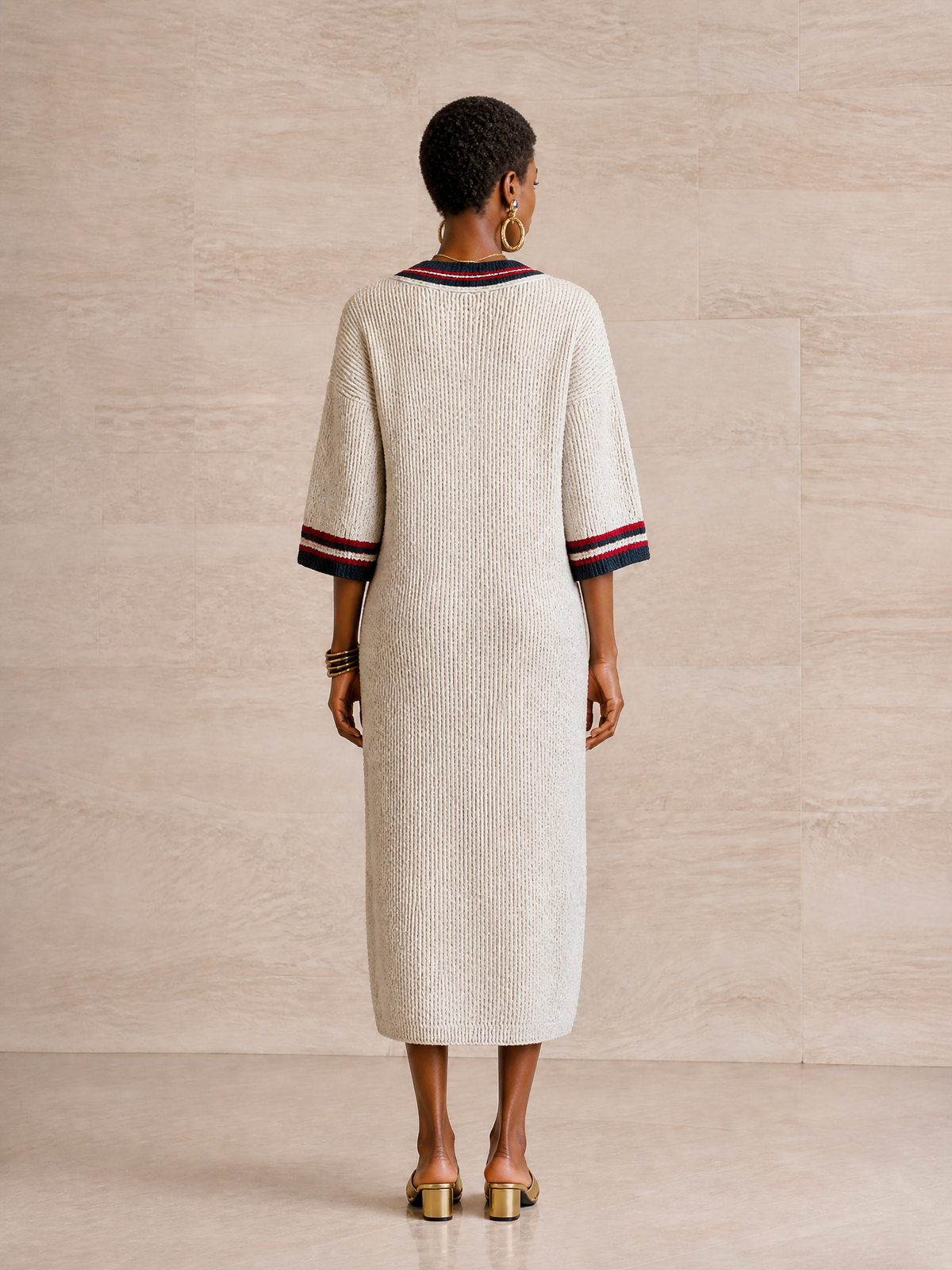 Women's Striped Trim Elegant Knit Midi Dress MDZ1937H3GMJ