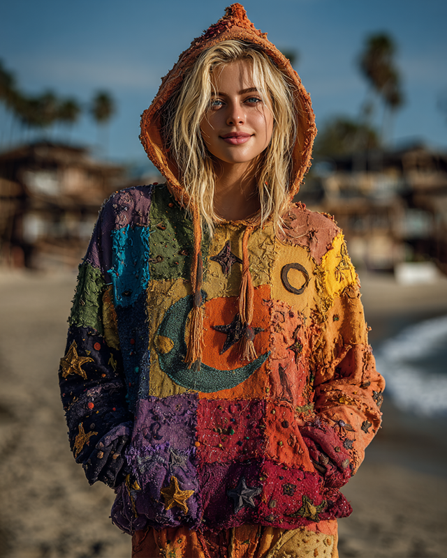 Women's Summer Vacation Floral Embroidered Linen Patchwork Hooded Sweatshirt c696