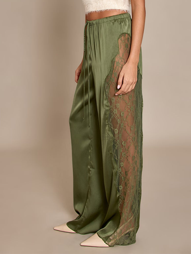 Deep Olive Satin Lace-Trim Drawstring Pants