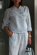 Women Round Neck Embroidered Patterned Jacket or Wide Leg Pants