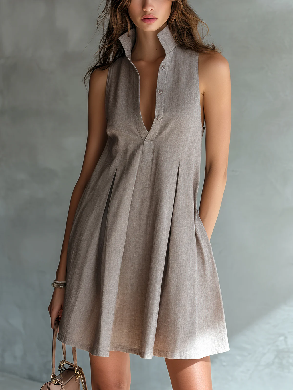 Grey Stand-up Collar Sleeveless Pleated Shirt A-line Mini Dress
