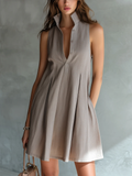 Grey Stand-up Collar Sleeveless Pleated Shirt A-line Mini Dress