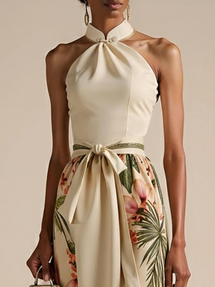 Beige Bow Satin Halter Floral Sleeveless A-Line Maxi Dress