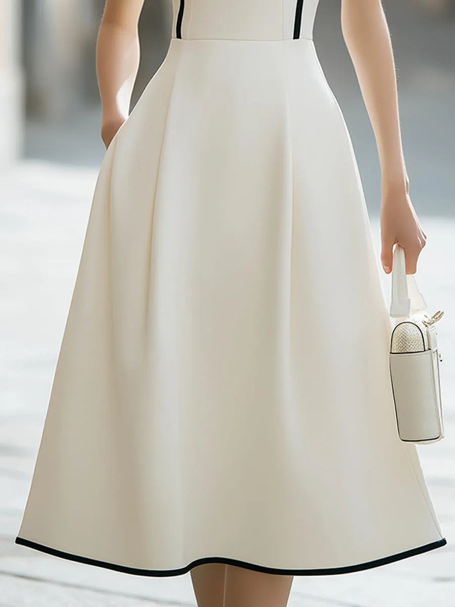 Contrast Piping Sleeveless Structured A-Line Midi Dress