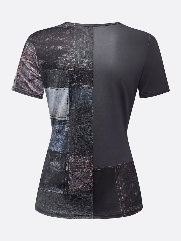 Casual Faux Denim Print Graphic  Crew Neck  T-shirt