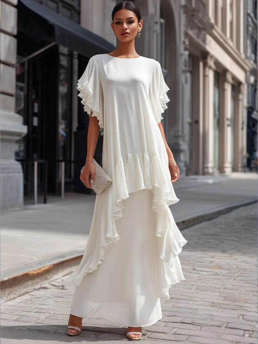 Layered Ruffle Sleeve Asymmetric Tiered Maxi Dress
