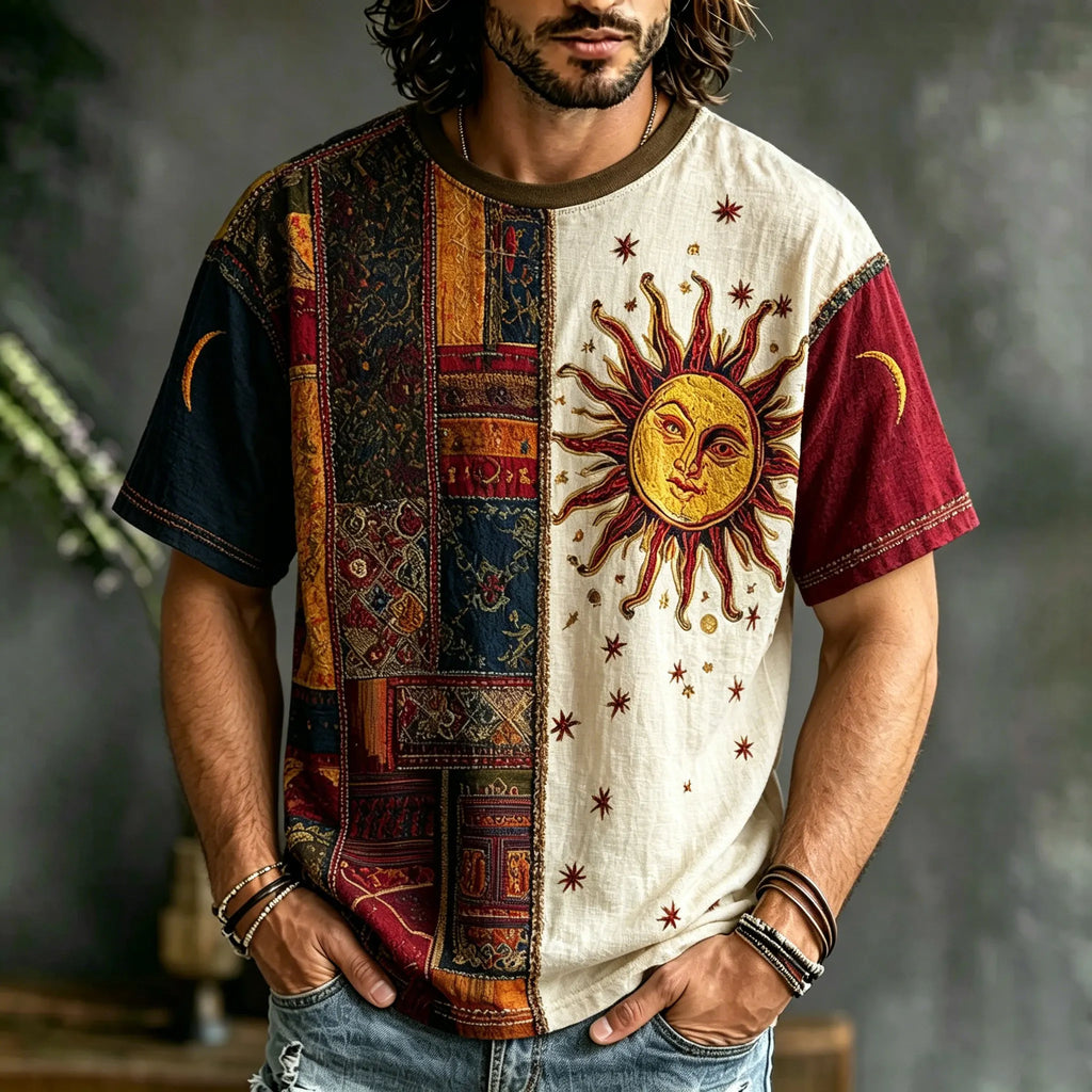 Men's Retro Hippie Style Sun And Ethnic Pattern Color Block Casual T-shirt