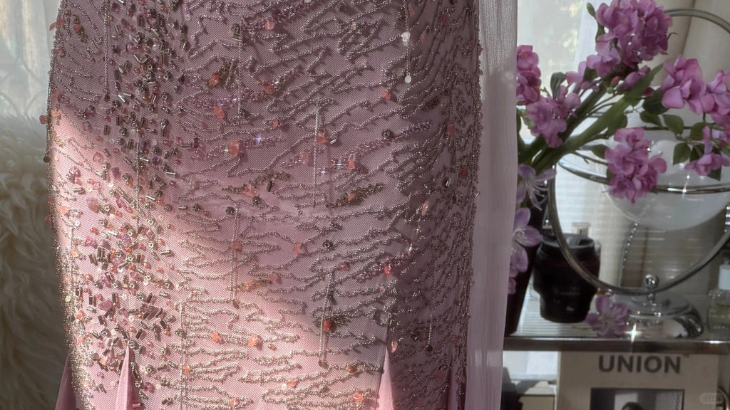 Pink Purple Elegant Romantic Exquisite Beaded Long Chiffon Ball Gown Evening Dress Birthday/Wedding Guest/Holiday Party Dress Prom Dress 4021