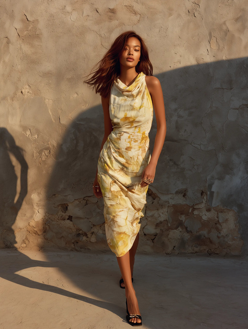 Women's Minimalist Ombré Print Cowl Neck Sleeveless Midi Dress MDZ2327D8Y