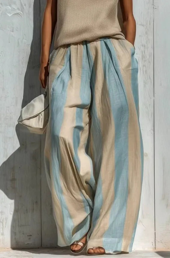 Casual sleeveless top and loose striped trousers set