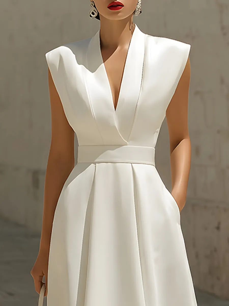 Elegant V-Neck Sleeveless Belted A-Line Midi Dress