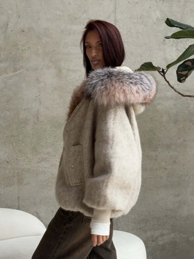 Faux Fur Hooded Wool-Blend Jacket
