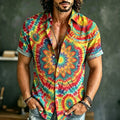 Men's Retro Tie-dye Rainbow Cotton Linen Short-sleeve Shirt