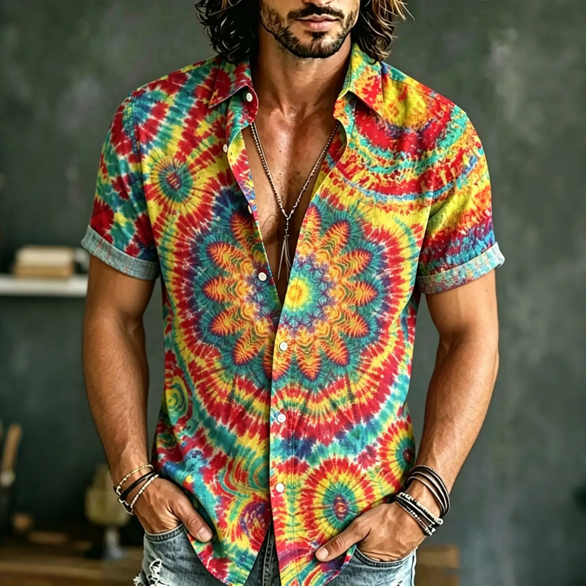 Men's Retro Tie-dye Rainbow Cotton Linen Short-sleeve Shirt