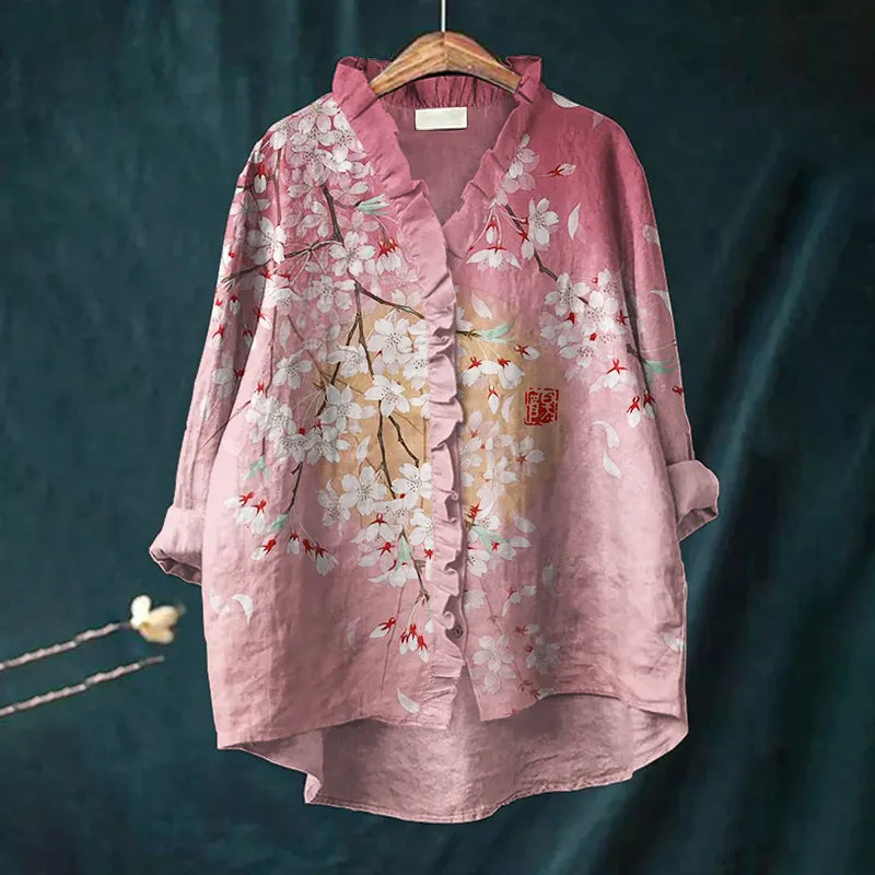 Pink Cherry Blossom Japanese Art Ruffle Trim Linen Blouse