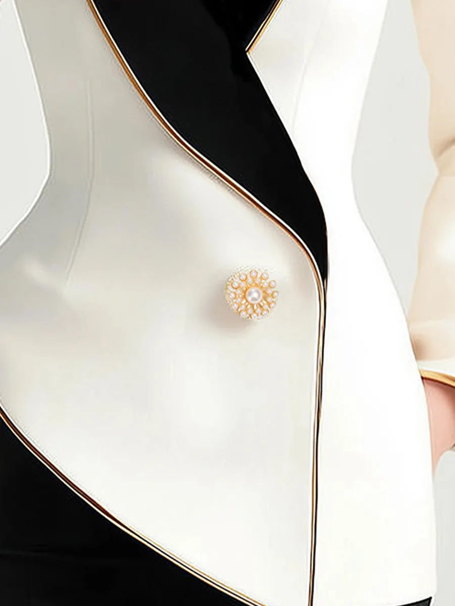 Elegant Asymmetrical White Blazer with Black Contrast Lapels