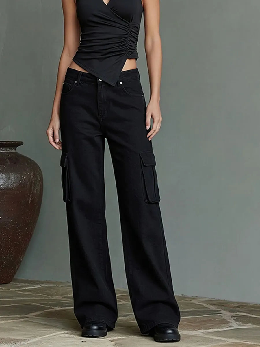Women's All-Black Co-Ord With Asymmetric Hem Halter Top & Wide-Leg Cargo Pants, Modern Grunge-Chic Casual Outfit MDZ2404D8LYL