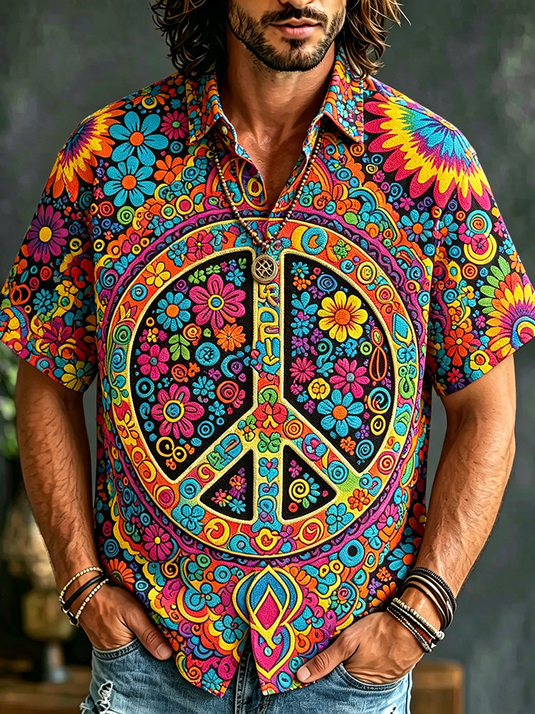 All Over Floral Peace Sign Print Shirt Men 70s Hippie Psychedelic Boho Short Sleeve Top