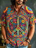 All Over Floral Peace Sign Print Shirt Men 70s Hippie Psychedelic Boho Short Sleeve Top