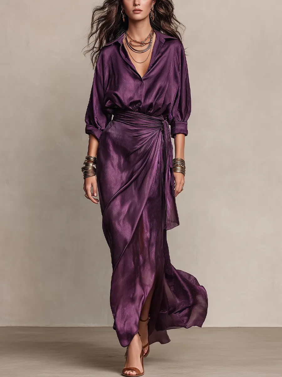 Deep Plum Satin Wrap Maxi Dress with Draped Waist