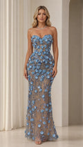 Strapless 3D Floral Applique Sequin Tulle Evening Gown