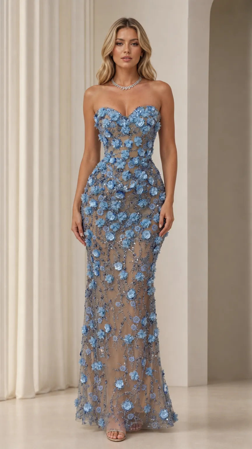 Strapless 3D Floral Applique Sequin Tulle Evening Gown