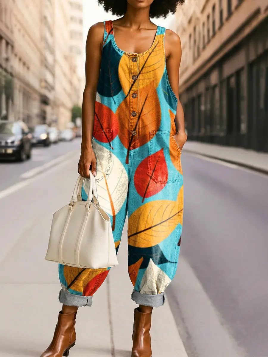 Women's Color-blocked Leaf Art Print Casual Jumpsuit