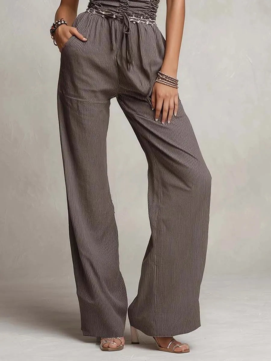 Charcoal Gray Pinstripe & Lace Halter Smocked-Waist Wide-Leg Jumpsuit