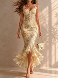 Boho Romantic Lace Trim Floral Corset Midi Dress