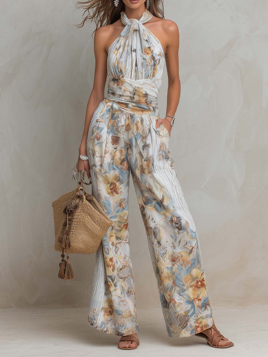 Bohemian Halter Floral & Stripe Wide-Leg Jumpsuit With Ruched Waist