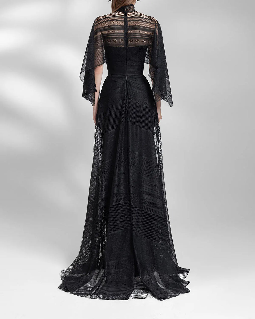 High Collar And Asymmetrical Cape Like Sleeves Lace Maxi Dress