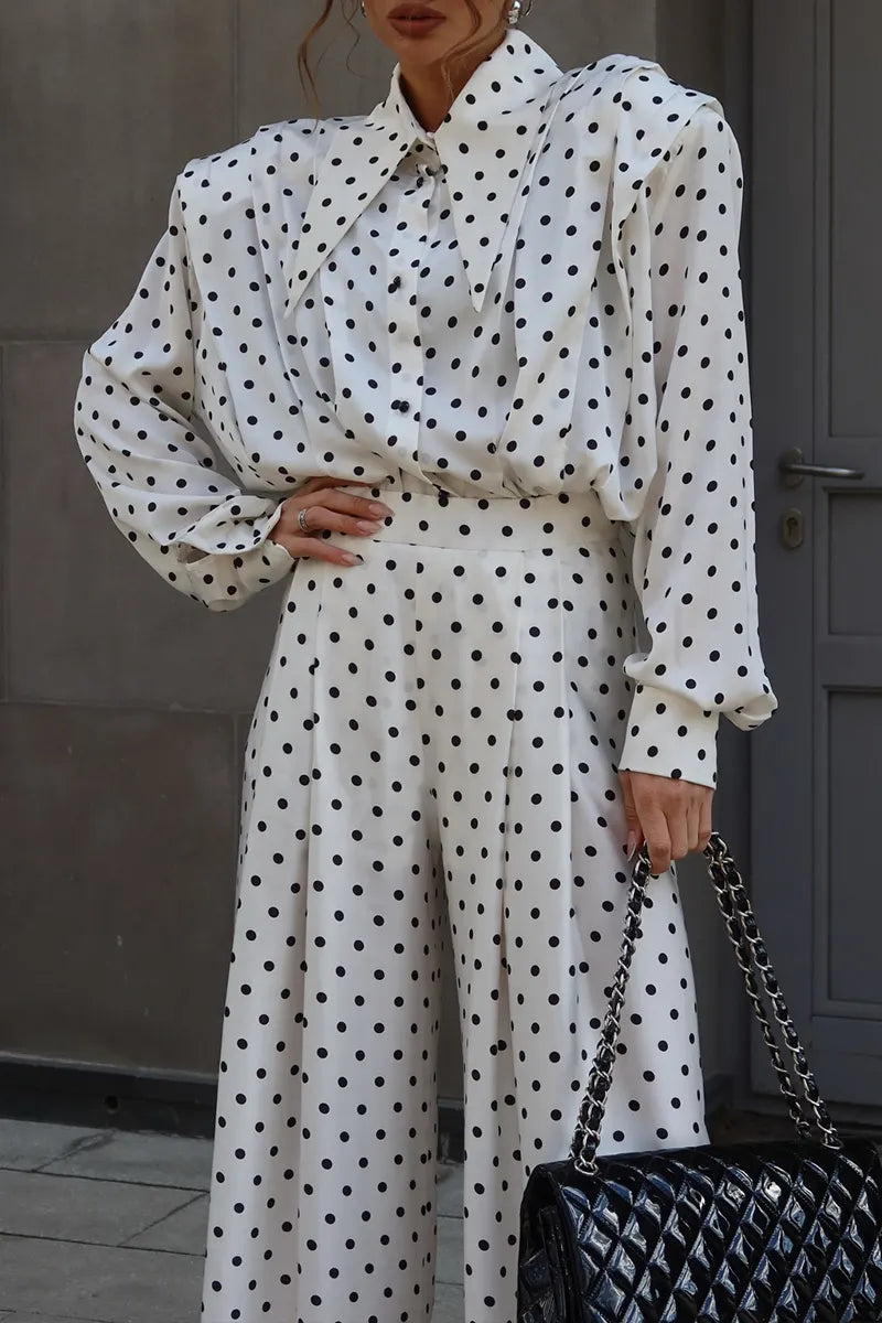 Women's Casual Loose Polka-Dot Shirts Pants Set