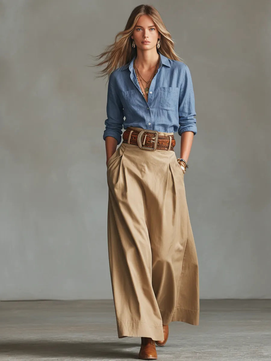 Women's Casual Khaki Cotton Blend A-line Long Skirt (Belt Not Included) MDZ1413D6GMJ