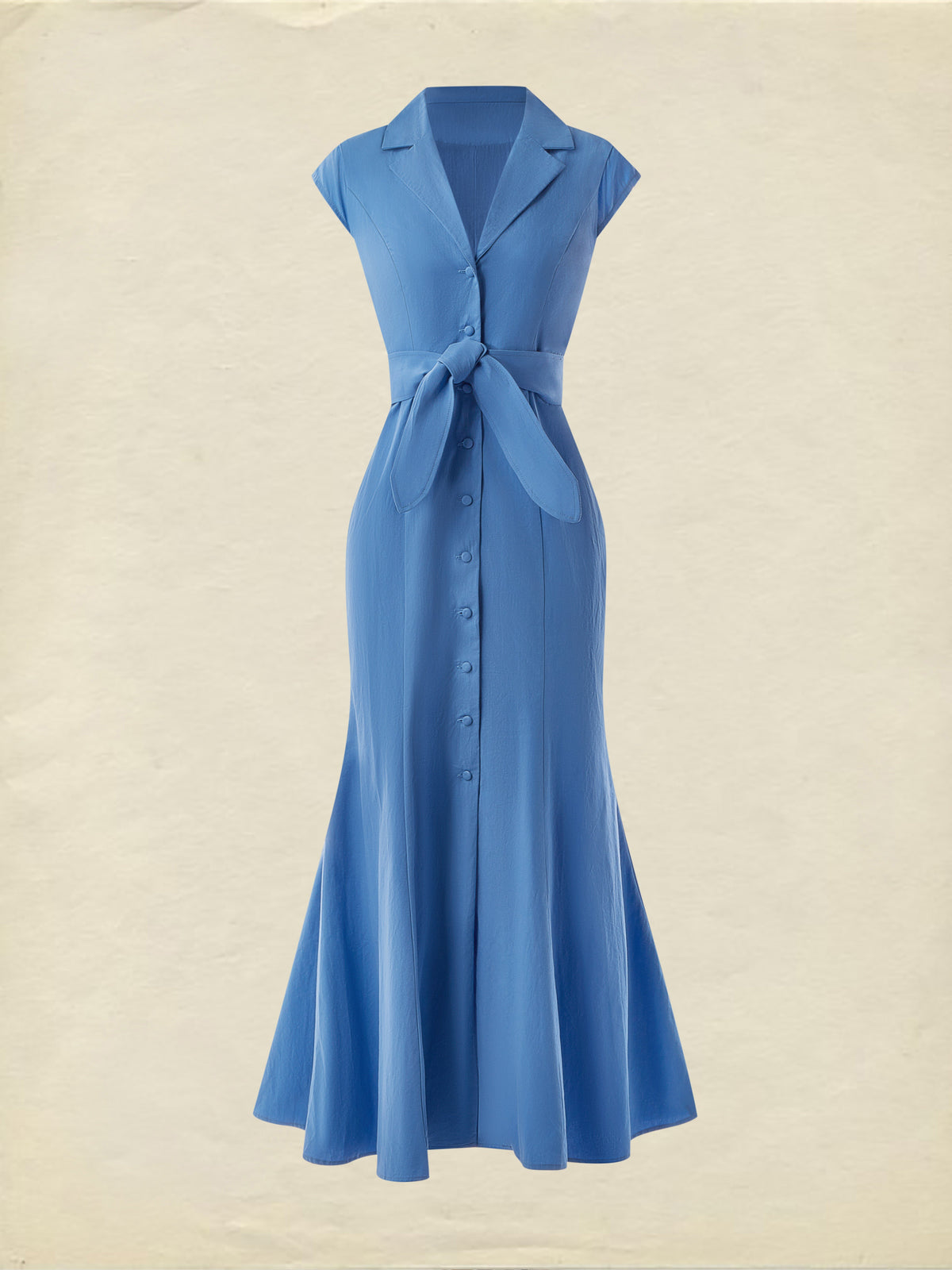 (SIZE:XS-XXL) Cotton Maxi Dress, Cap Sleeve, Lapel Collar, Plain, Vintage, Blue