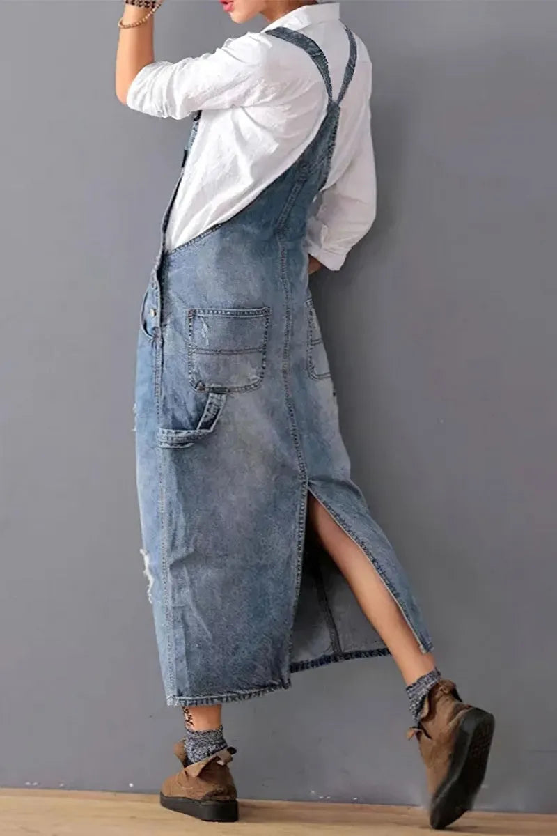 Women's Adjustable Strap Distressed Denim Overall Dress A-Line Pinafore Jean Dress with Split