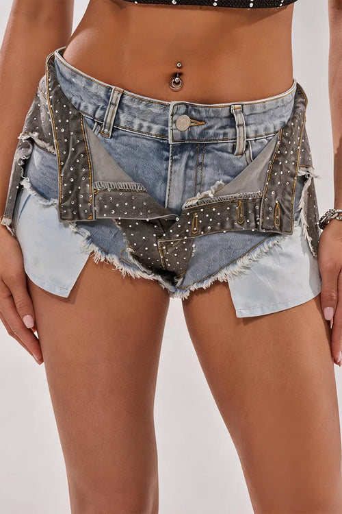 Women's Casual Rhinestone Mesh Top & Layered Denim Shorts