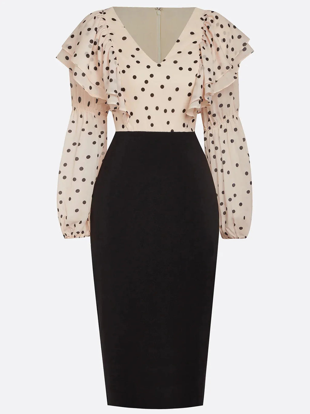 Apricot Peplum Chiffon Long Sleeve Balloon Sleeve Sheath Midi Dress