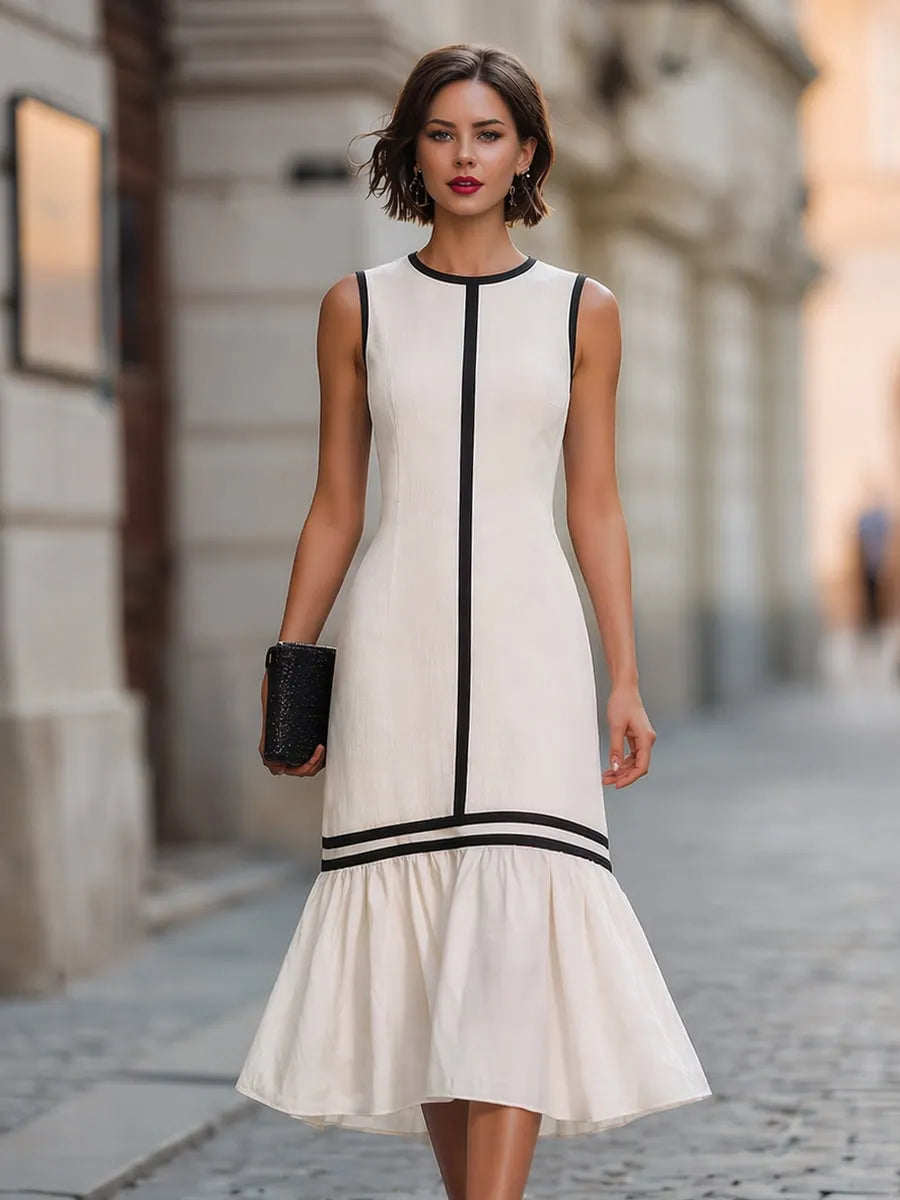 Contrast Trim Sleeveless Flared Hem Maxi Dress