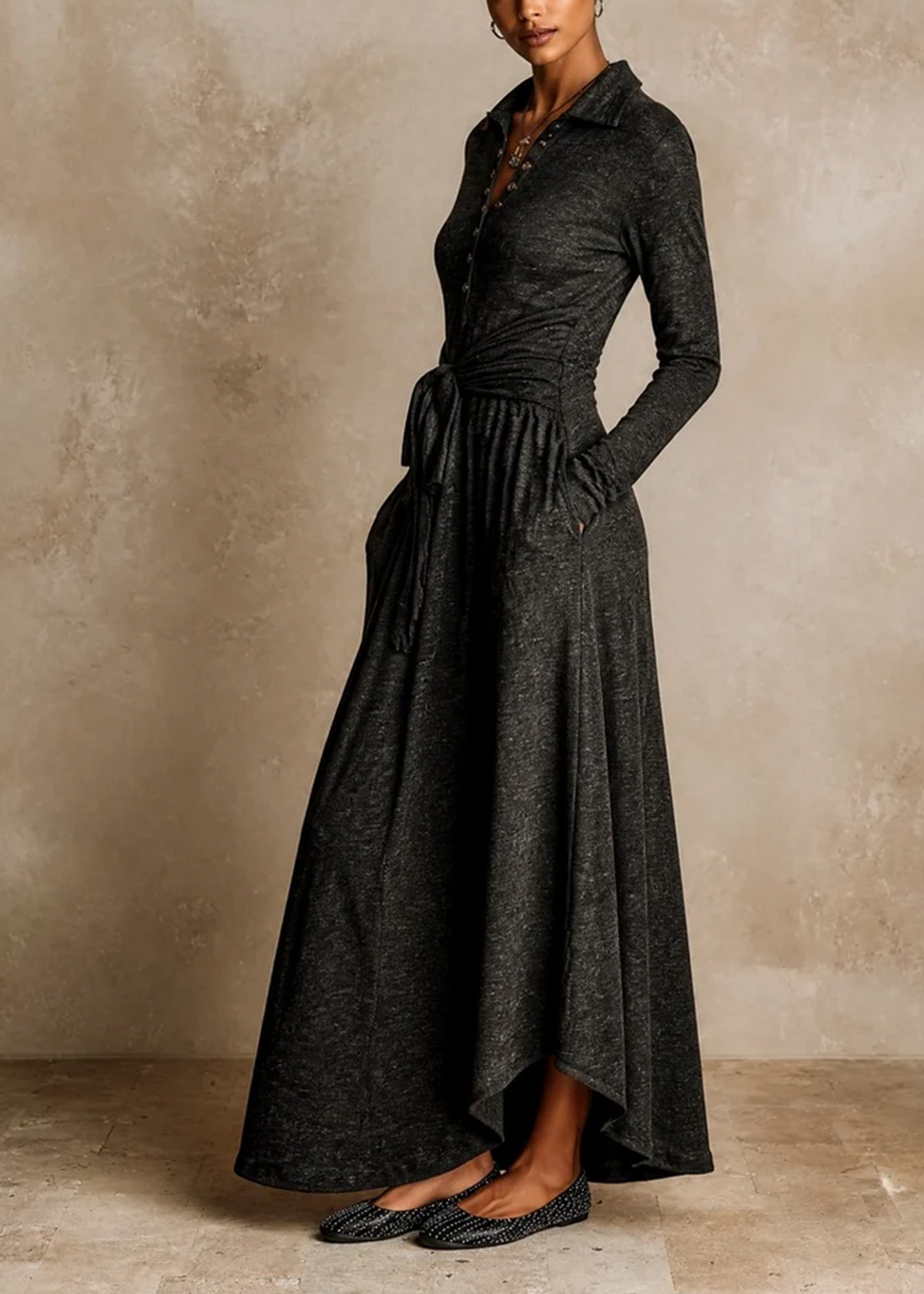 Dark grey Long Sleeve Tie‑Waist Elegant Maxi Dress
