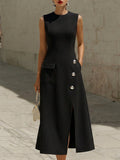Sleeveless Tailored Midi Dress With Silver Buttons And Pocket