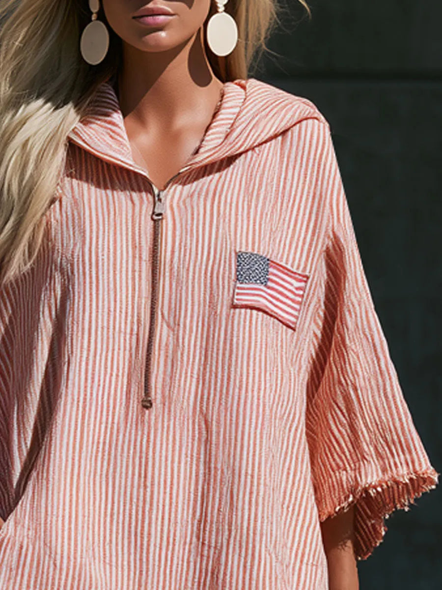 Vintage American Flag Embroidered Hooded Red And White Striped Cotton And Linen Mini Dress