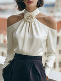Luxury Satin Cold-Shoulder Blouse With 3D Rose Choker Neckline