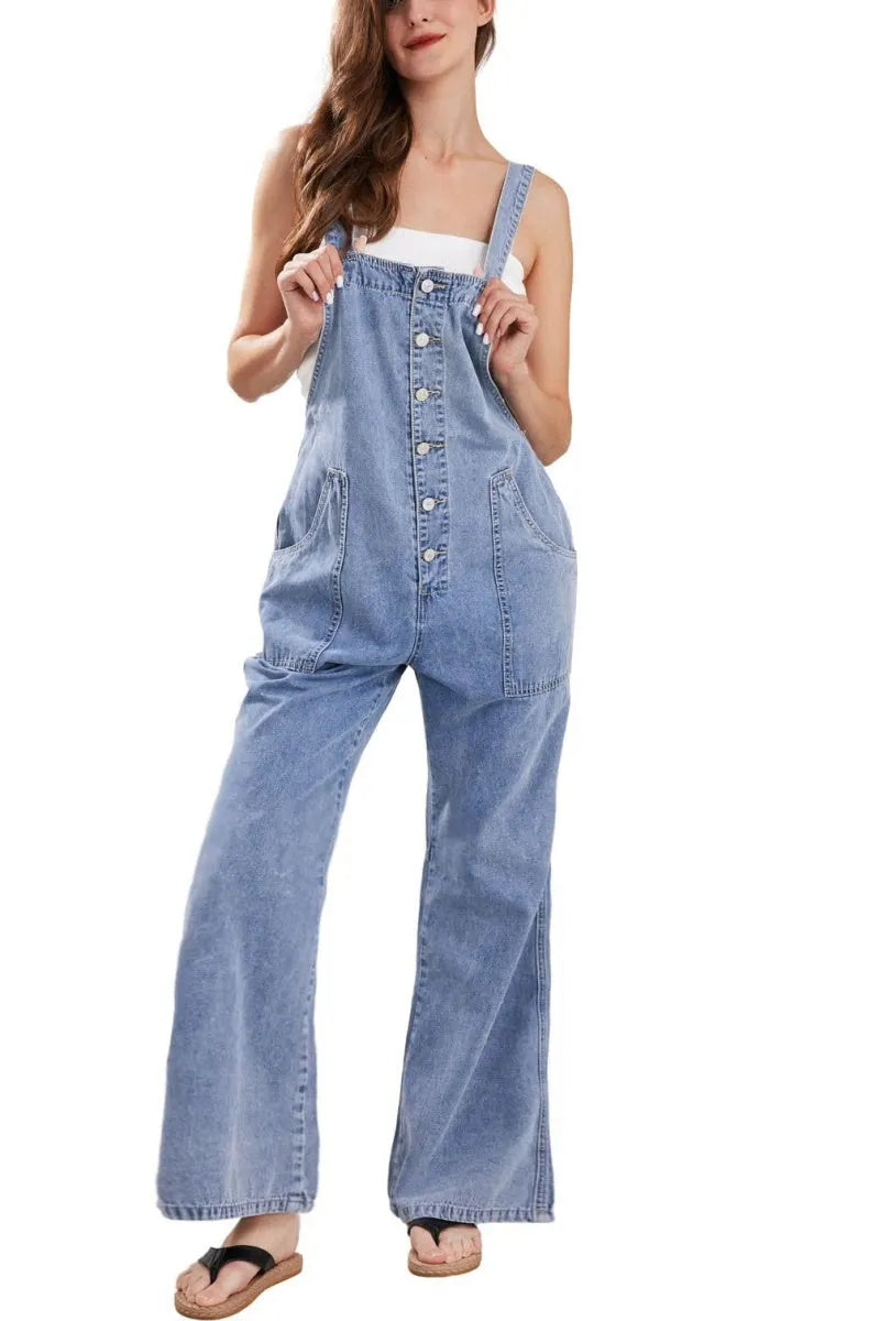 Casual Denim Jumpsuit for Women Overalls Wide Leg Jumpsuit Jeans Denim Bib Overalls Dungaree Pockets