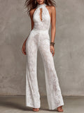 Retro Elegant White Key Hole Lace Halter Jumpsuit