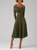 Women's Elegant Green Ribbed-Knit Off-Shoulder Crossover-Neck Long-Sleeve Cropped Top & High-Waisted A-Line Midi Skirt Set MDZ2462G3CMX